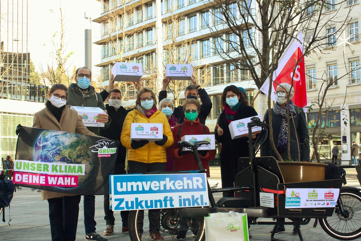 Einreichung der Stadtklima-Initiativen in St. Gallen mit Vertreterinnen und Vertretern der Partnerorganisationen Einreichung der Stadtklima-Initiativen in St. Gallen mit Vertreterinnen und Vertretern der Partnerorganisationen