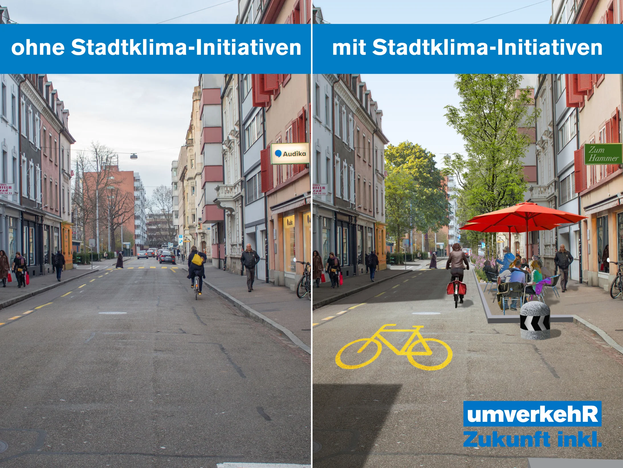 die Hammerstrasse mit und ohne Stadtklima-Initiativen Visualisierung Hammerstrasse Basel