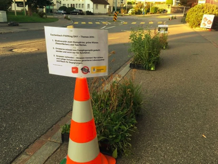 Biodiversität mitten im Dorfkern mit Parkbänkli in Eschenbach SG am PARK(ing) Day 2019