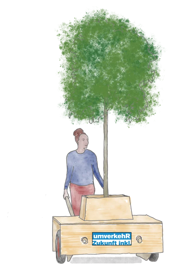 Wanderbaumallee Frau mit Wagen